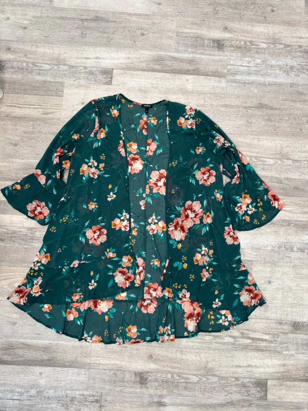 Torrid Green Floral Lightweight Bell Sleeve Open Front Cardigan Size 3X S28